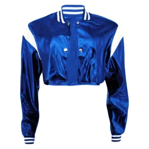 Women’s Blue Genuine Sheepskin Crop Baseball Top White Strips Leather Jacket