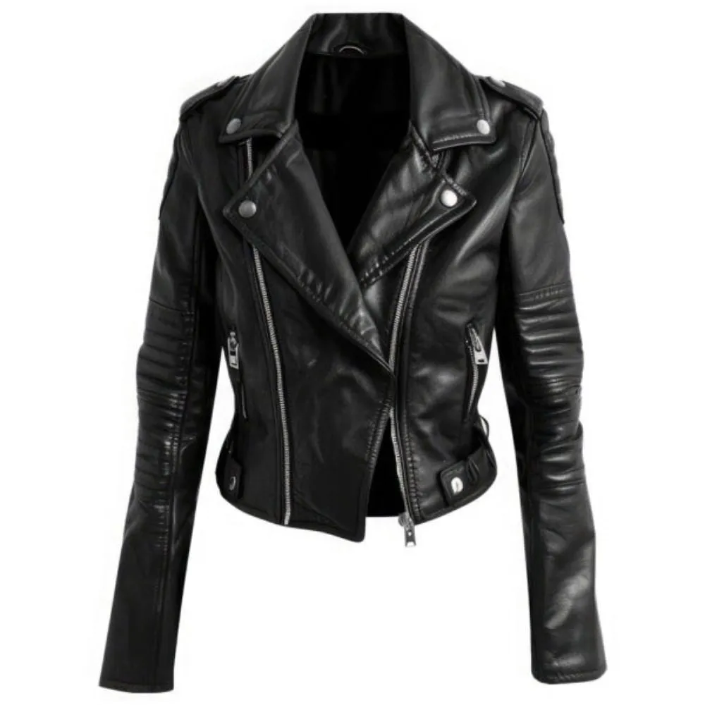 Women’s Classic Black Cropped Real Lambskin Biker Genuine Leather Jacket