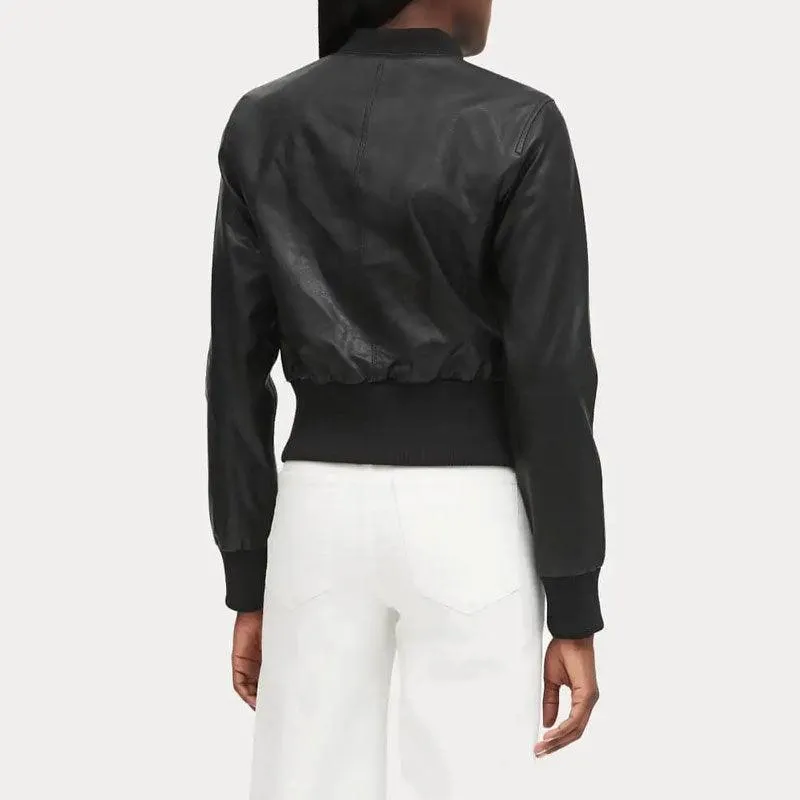 Women's Cropped Ribbed Cuff Black Bomber Jacket