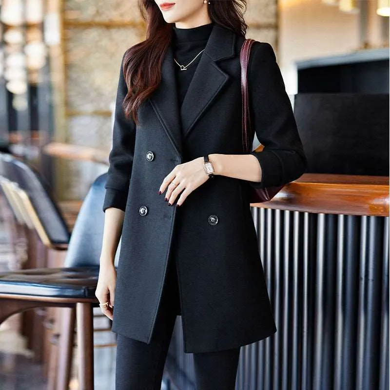 Women's Elegant Suit Jacket Black Double Breasted Coat