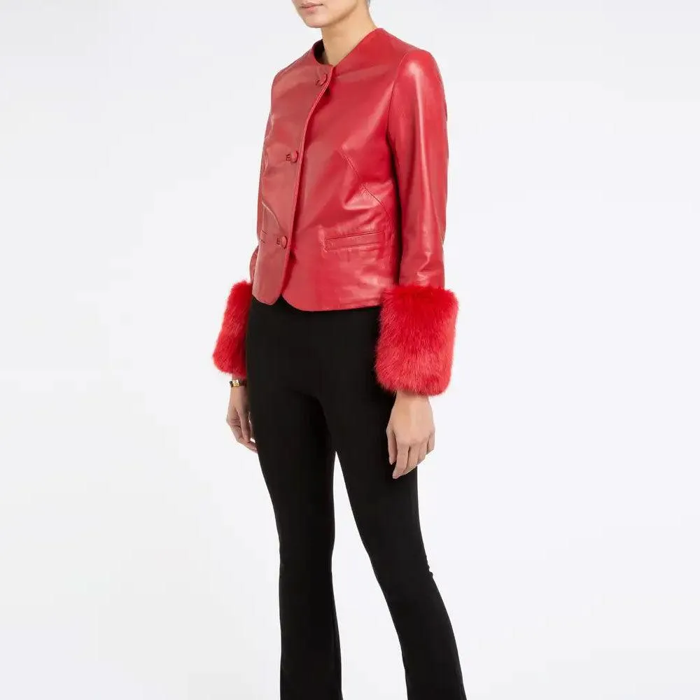 Women's Faux Fur Red Leather Biker Jacket