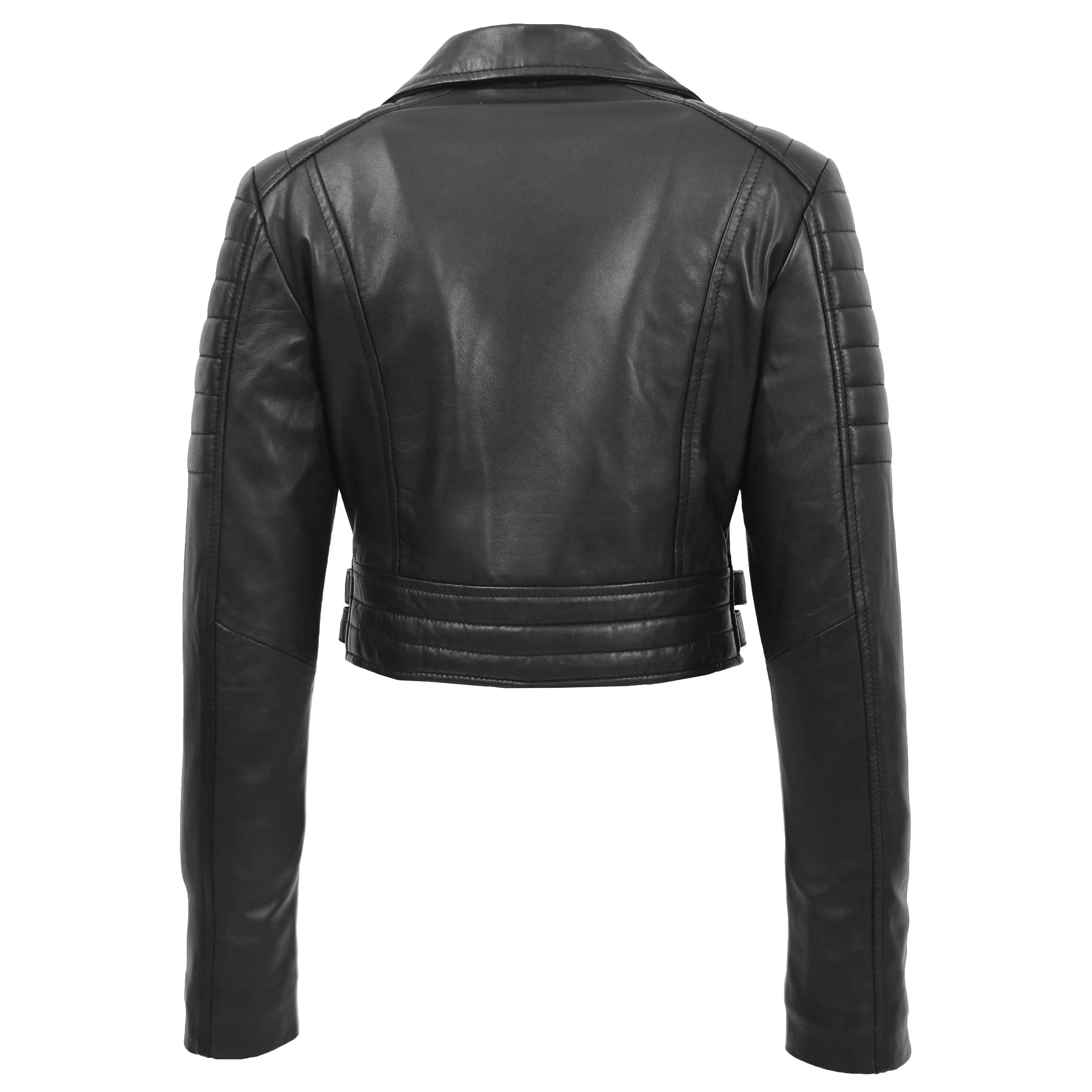 Womens Leather Cropped Biker Style Jacket Demi Black