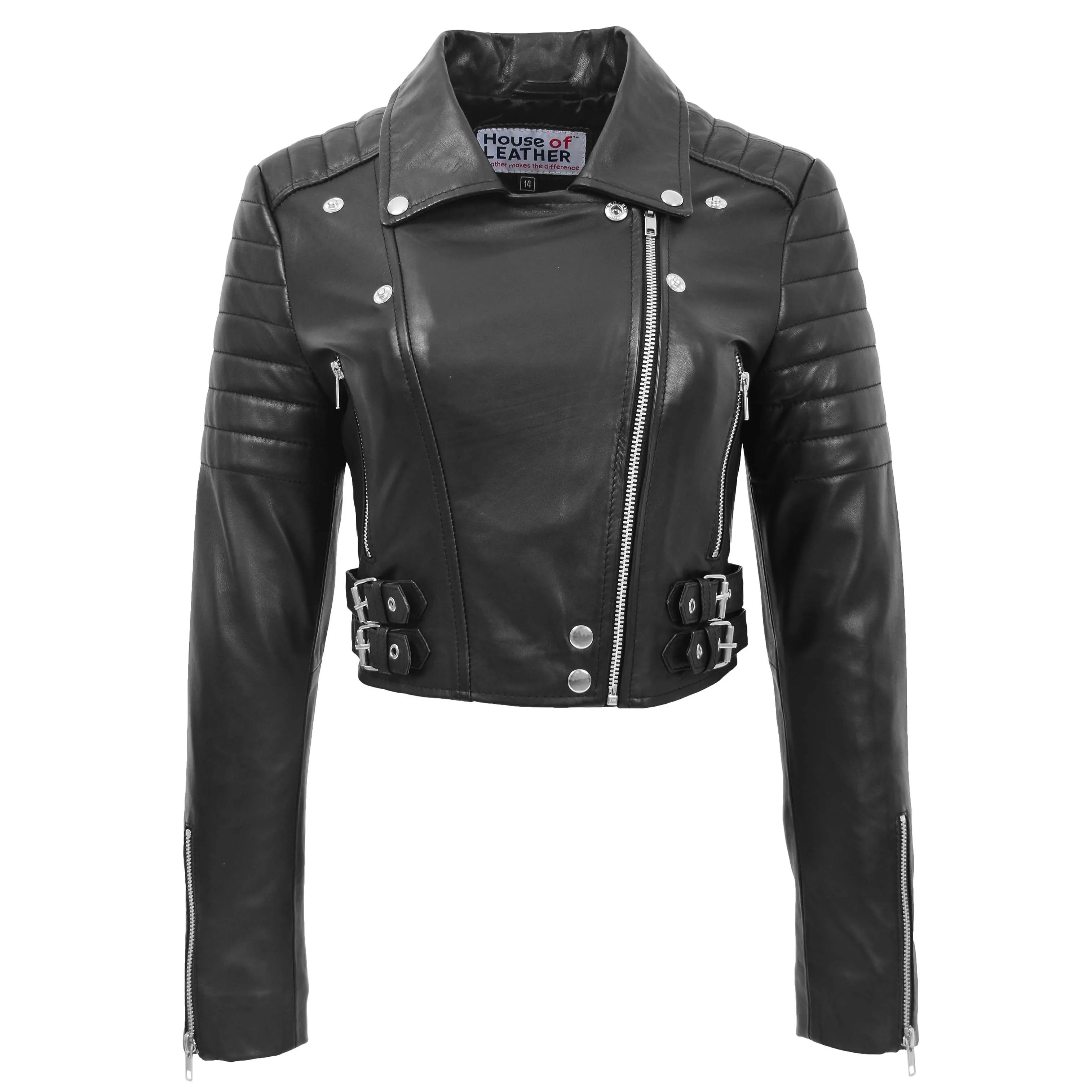 Womens Leather Cropped Biker Style Jacket Demi Black