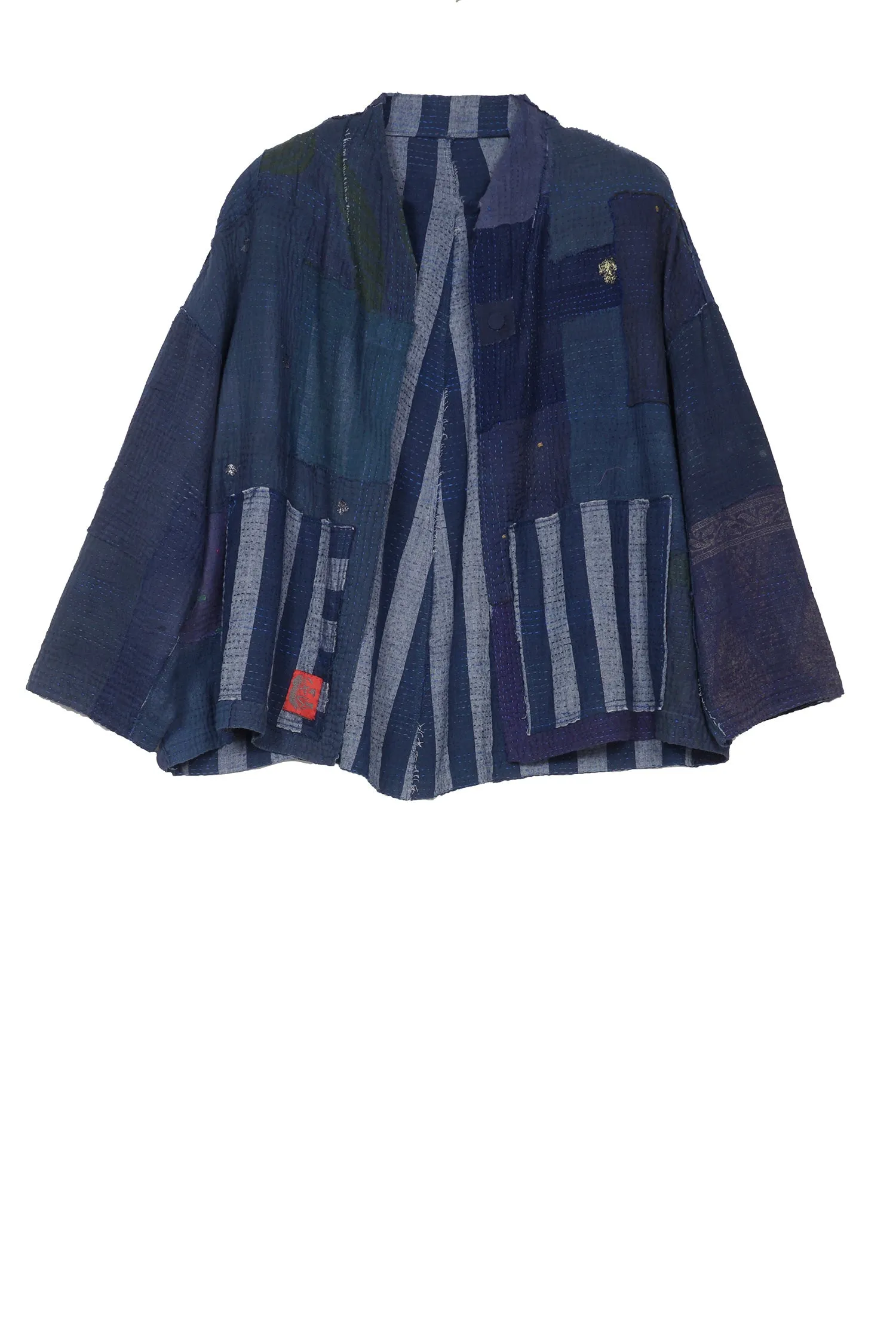 WOVEN STRIPE FRAYED PATCH BACK KANTHA STAND COLLAR CROPPED JKT - wp2034-nvy -